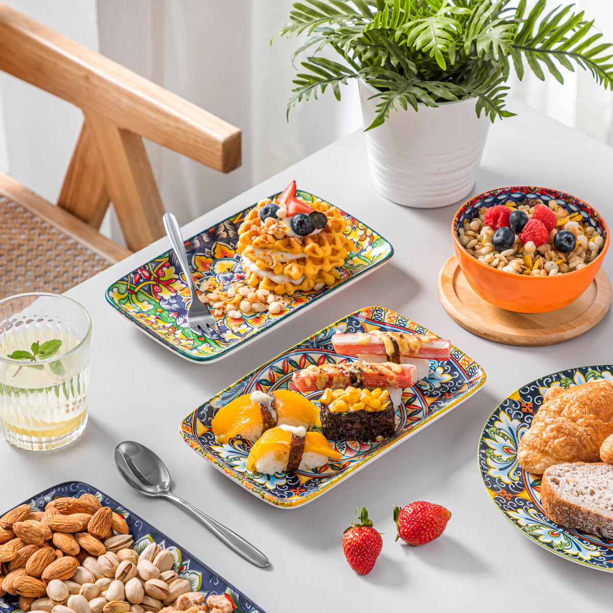 MALACASA Bohemian Rectangular Porcelain Serving Plates for Dinner