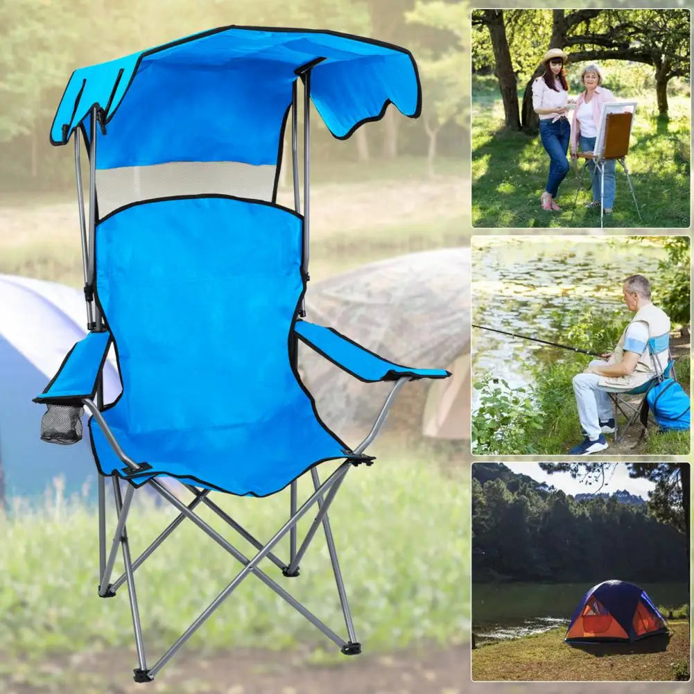 Portable Folding Fishing Chair With Canopy Shade And Cup Holder