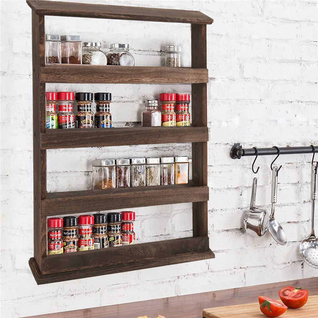 Rustic Torched Bamboo Wall Mounted Spice Rack Organizer for Kitchen Storage
