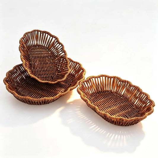 Synthetic Rattan Woven Tray Set of Three, Washable Decorative Baskets
