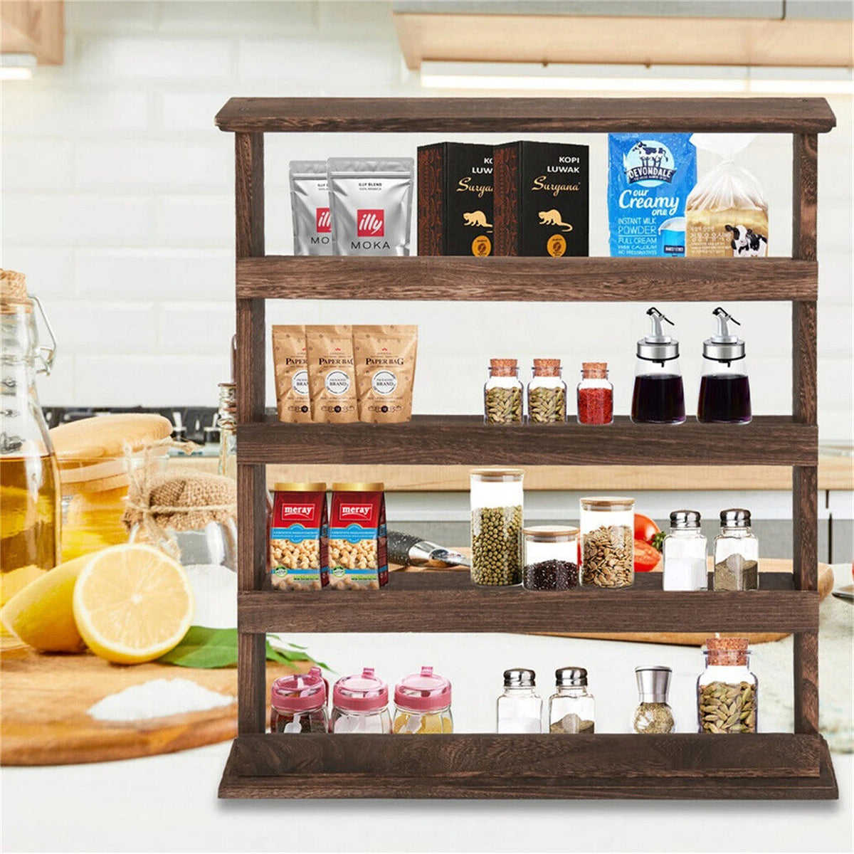 Rustic Torched Bamboo Wall Mounted Spice Rack Organizer for Kitchen Storage