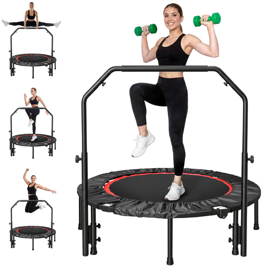 Folding Fitness Rebounder Trampoline With Handlebar For Indoor Cardio