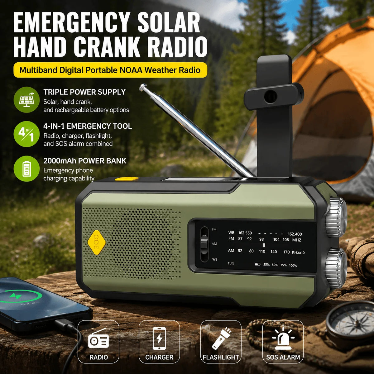 Stonego Emergency Solar Radio With Hand Crank And Phone Charger