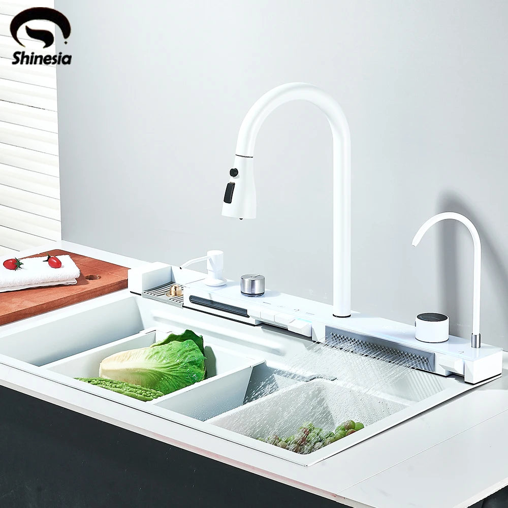 Shinesia Stainless Steel Waterfall Kitchen Sink Faucet Set Soap Dispenser
