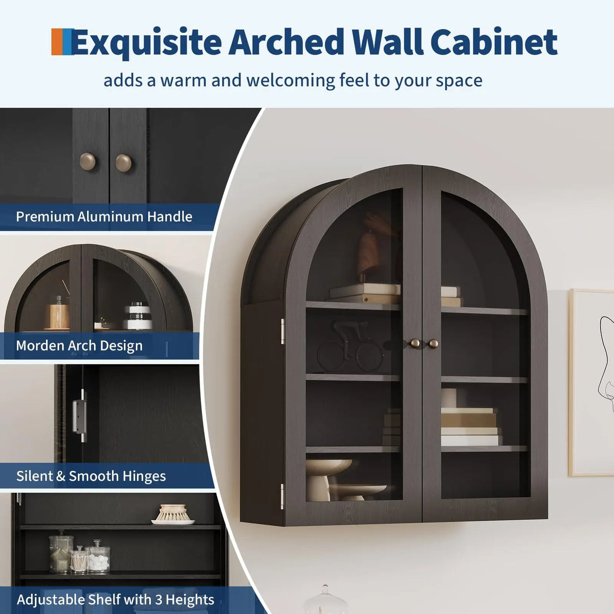 Arched Wall Cabinet With Doors And Adjustable Shelf For Bathrooms