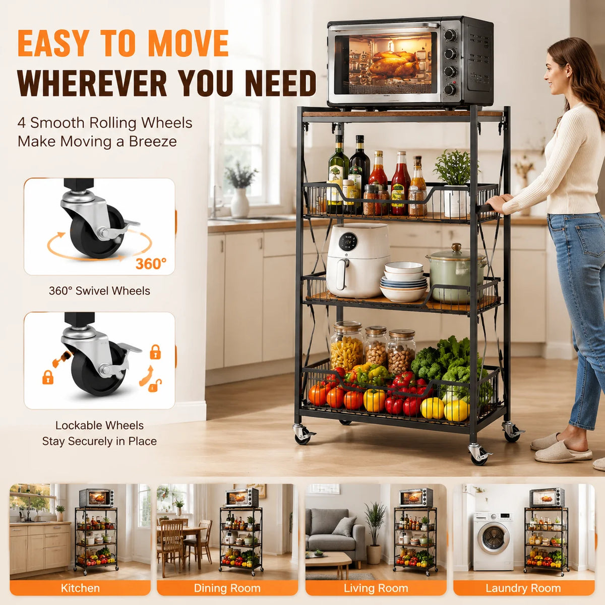 Four Tier Foldable Storage Cart With Lockable Casters Heavy Duty