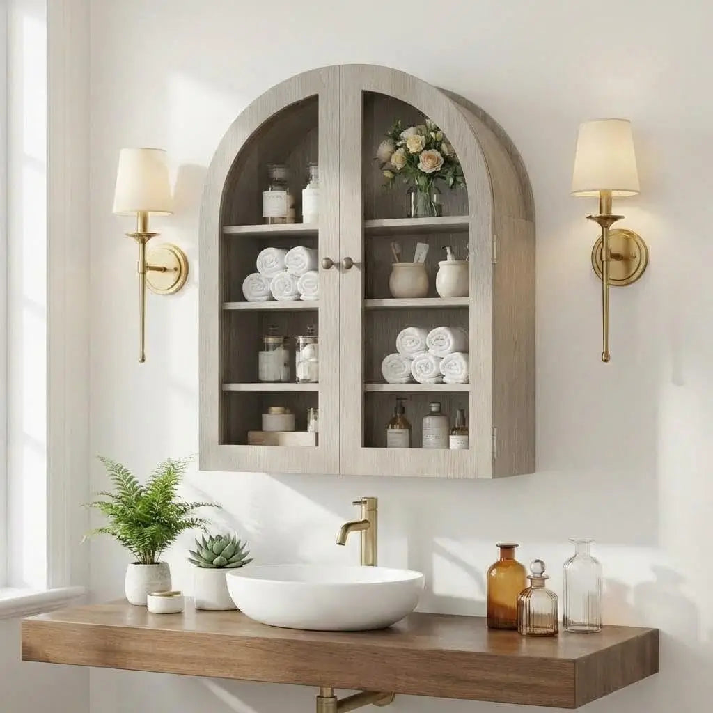 Arched Wall Cabinet With Doors And Adjustable Shelf For Bathrooms