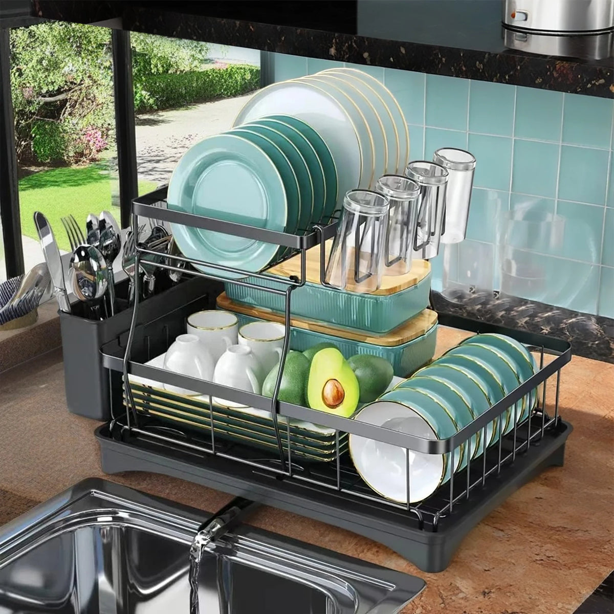 Two Tier Metal Dish Drying Rack With Removable Drainboard