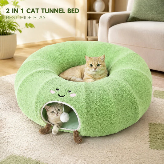 Convertible Cat Tunnel Bed With Plush Cushion And Play Ball
