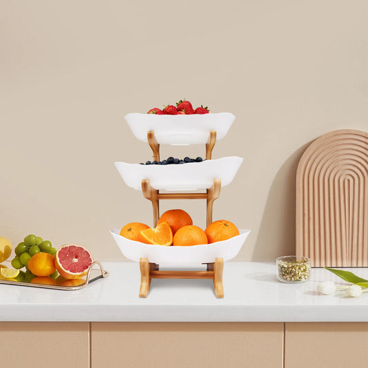 Bamboo Kitchen Storage Rack With Porcelain Bowls And Metal Stand