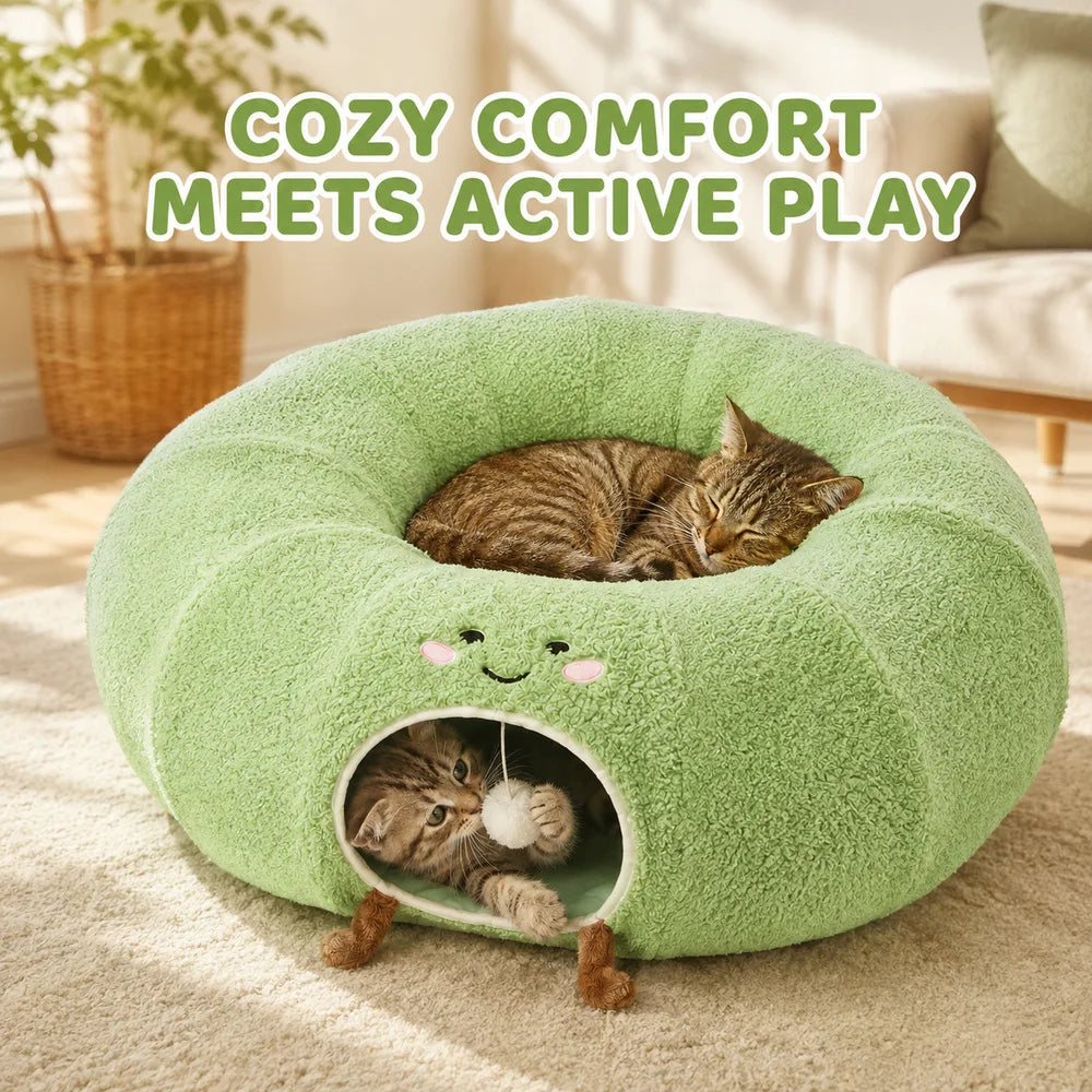 Convertible Cat Tunnel Bed With Plush Cushion And Play Ball