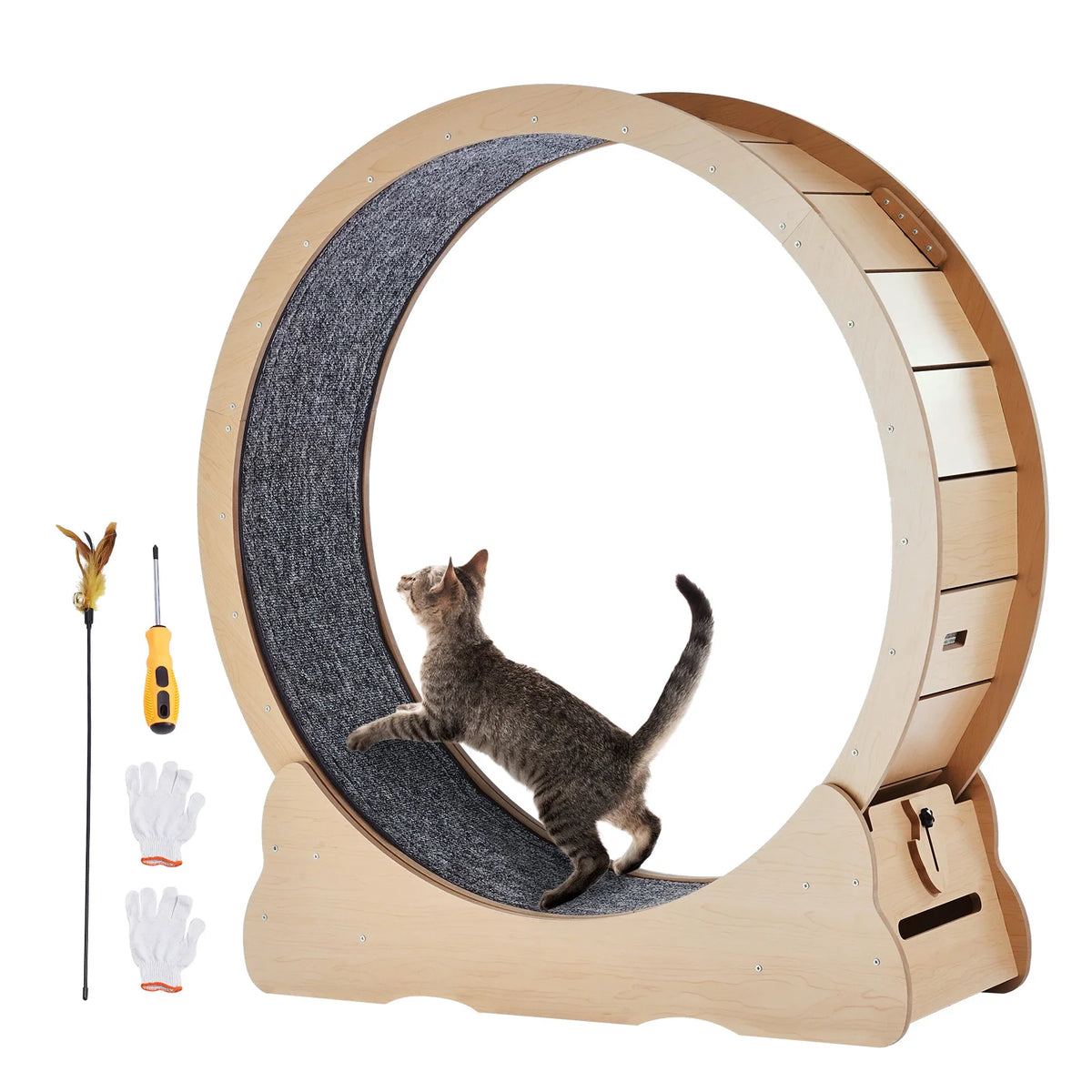 SucceBuy Wooden Cat Exercise Wheel with Detachable Carpet and Teaser