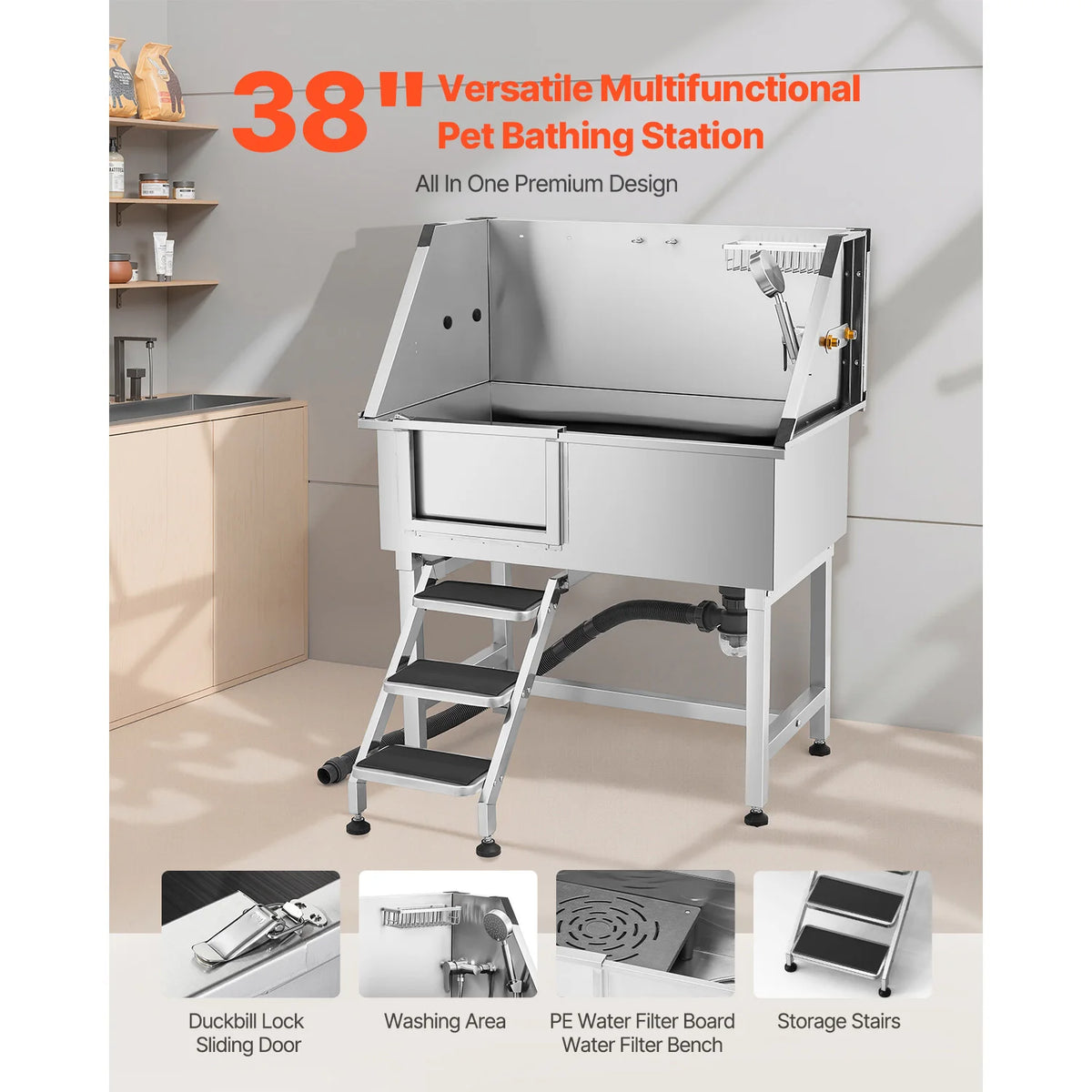 SucceBuy Stainless Steel Dog Grooming Station With Storage And Faucet