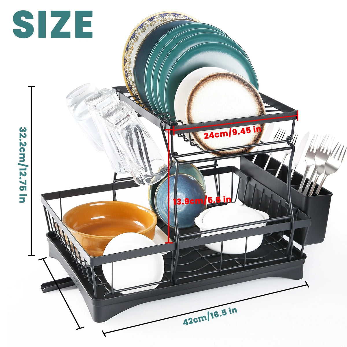 Two Tier Metal Dish Drying Rack With Removable Drainboard