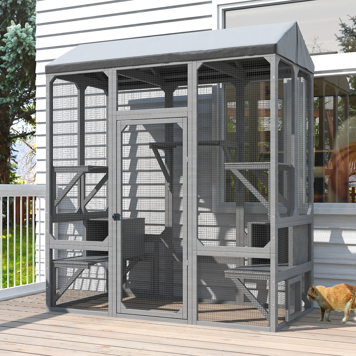 Outdoor Walk In Cat Enclosure With Waterproof Cover And Platforms