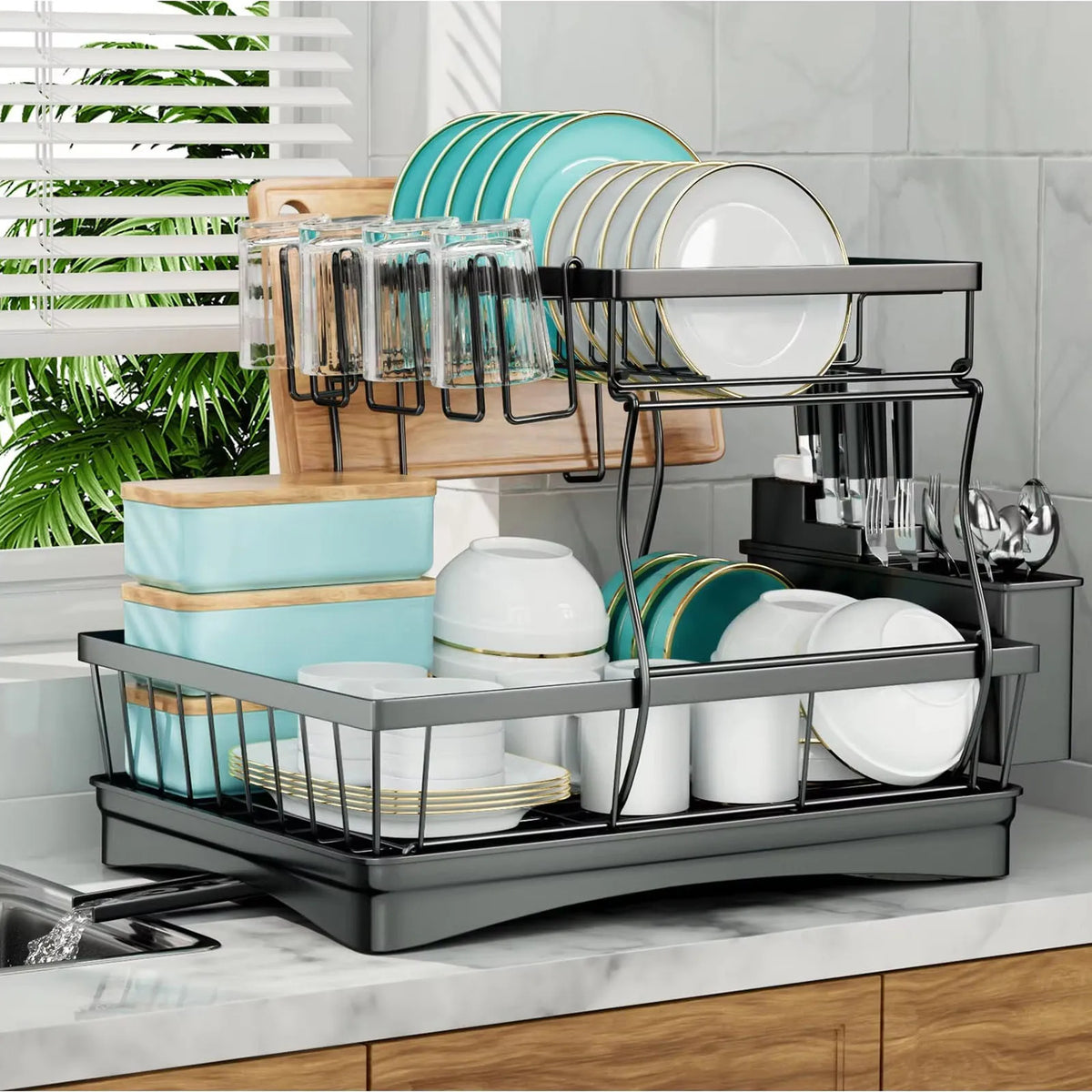 Two Tier Metal Dish Drying Rack With Removable Drainboard