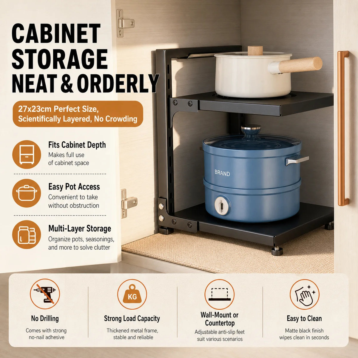 Adjustable Stainless Steel Kitchen Storage Rack for Pots and Tableware