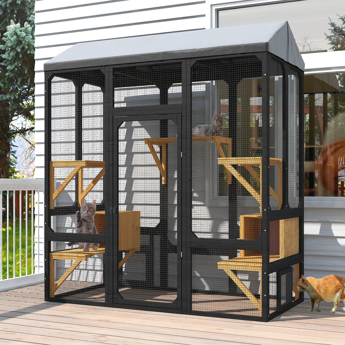 Outdoor Walk In Cat Enclosure With Waterproof Cover And Platforms