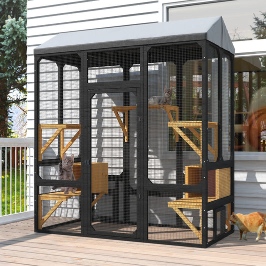 Outdoor Walk In Cat Enclosure With Waterproof Cover And Platforms