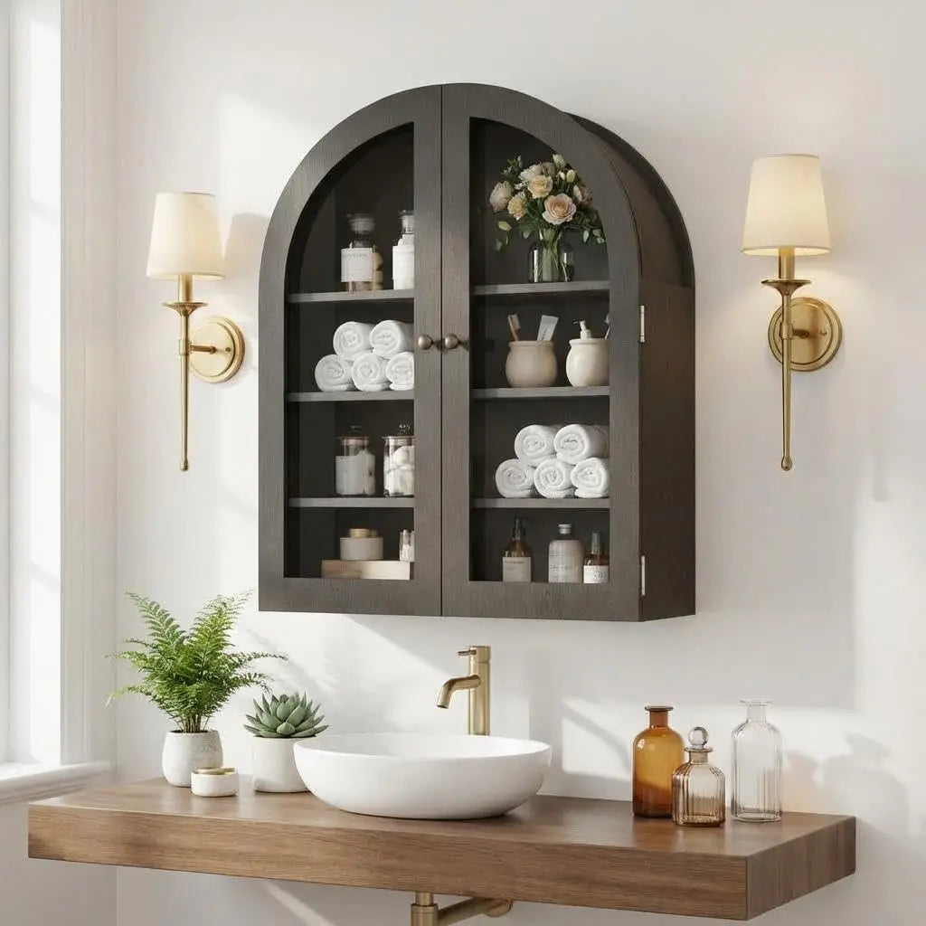 Arched Wall Cabinet With Doors And Adjustable Shelf For Bathrooms