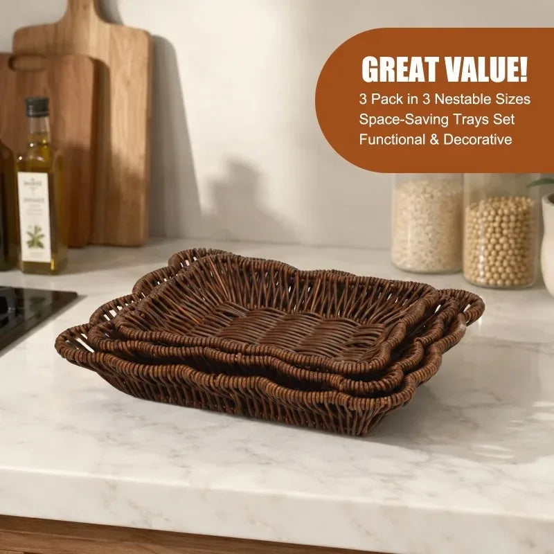 Synthetic Rattan Woven Tray Set of Three, Washable Decorative Baskets
