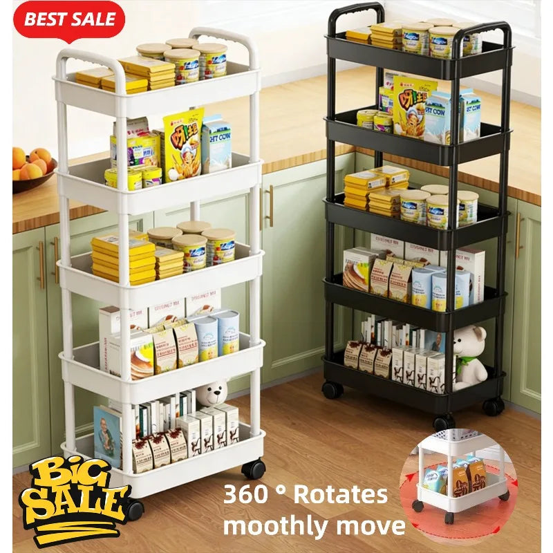 Five Tier Rolling Kitchen Storage Cart With Rotating Shelves