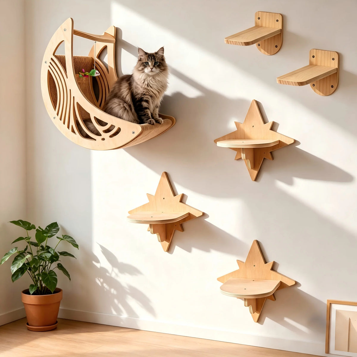 CWV Cat Wall Shelves With Moon Hammock And Star Perches