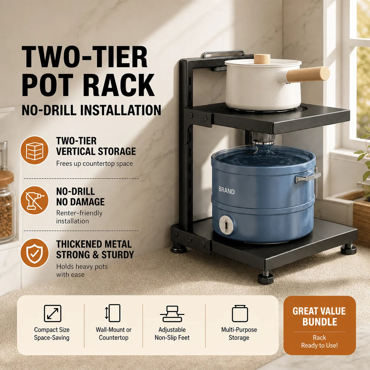 Adjustable Stainless Steel Kitchen Storage Rack for Pots and Tableware