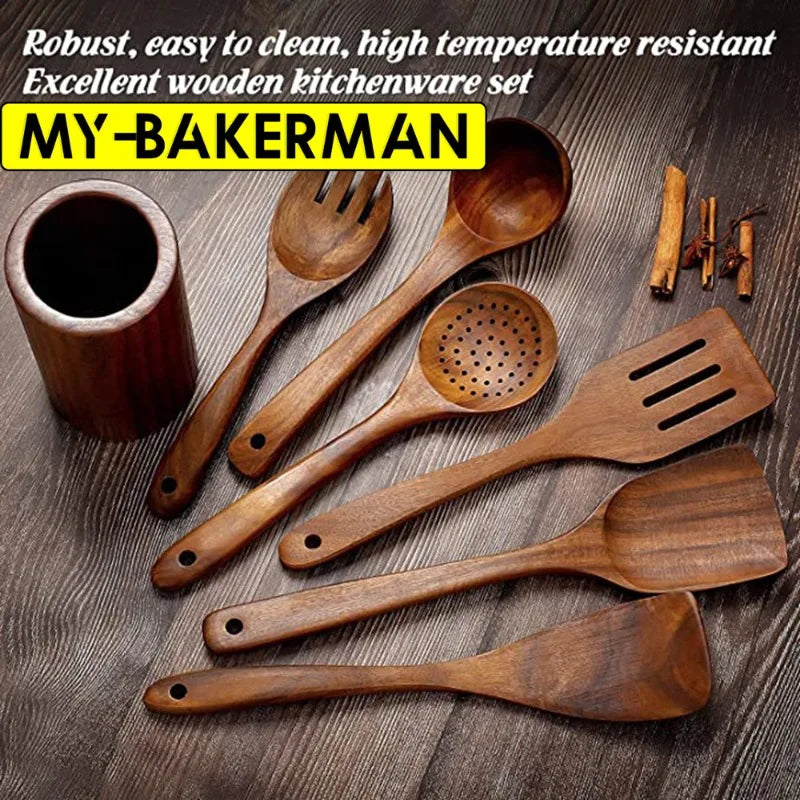 Wooden Kitchen Utensil Set With Teak Wood Spoons for Cooking