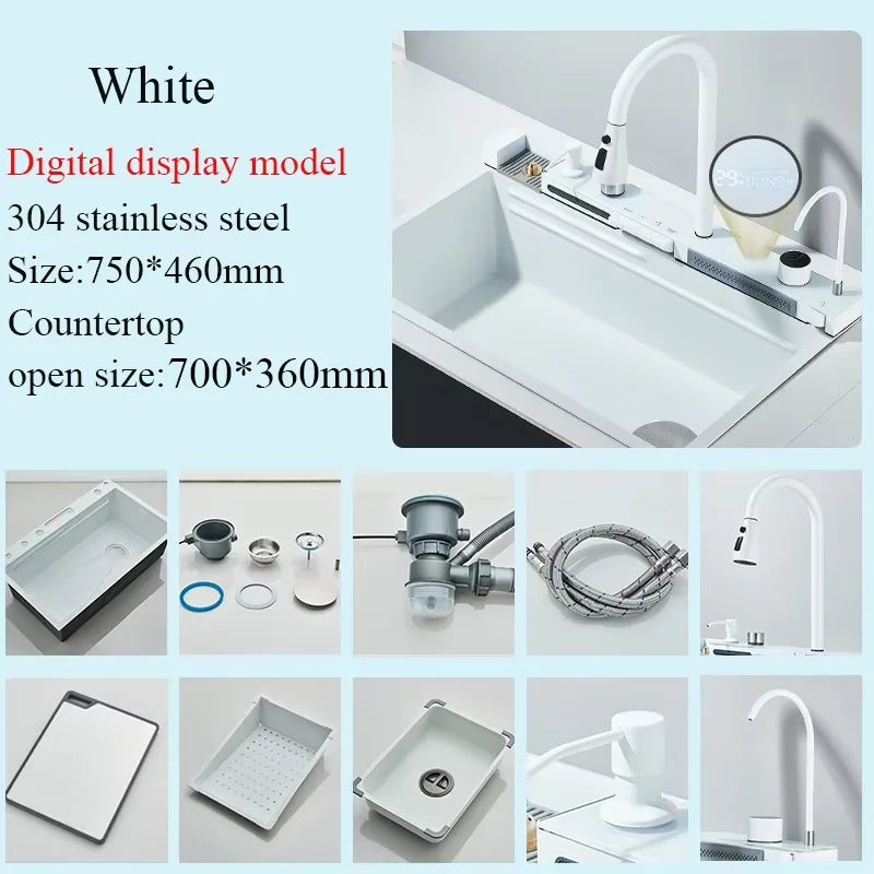 Shinesia Stainless Steel Waterfall Kitchen Sink Faucet Set Soap Dispenser