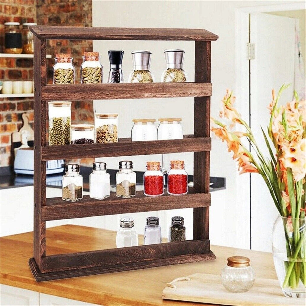 Rustic Torched Bamboo Wall Mounted Spice Rack Organizer for Kitchen Storage
