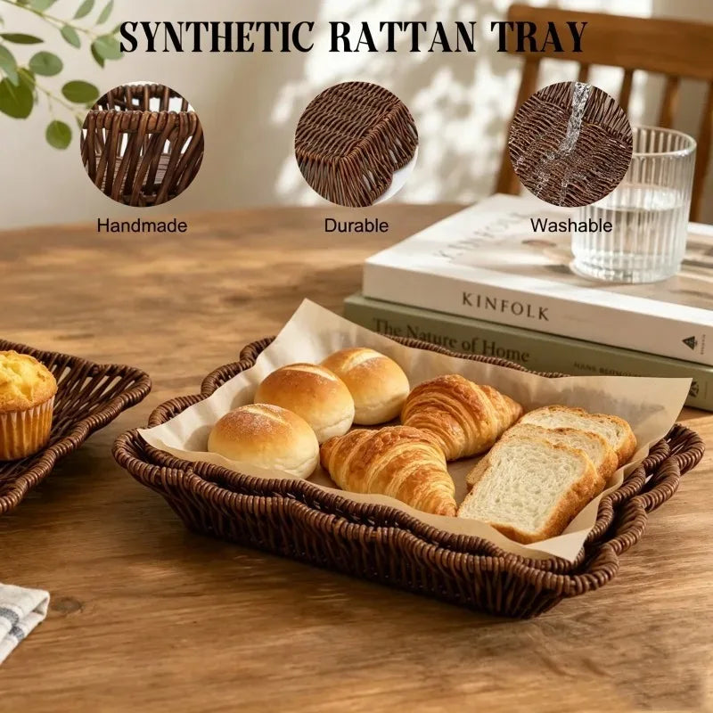 Synthetic Rattan Woven Tray Set of Three, Washable Decorative Baskets