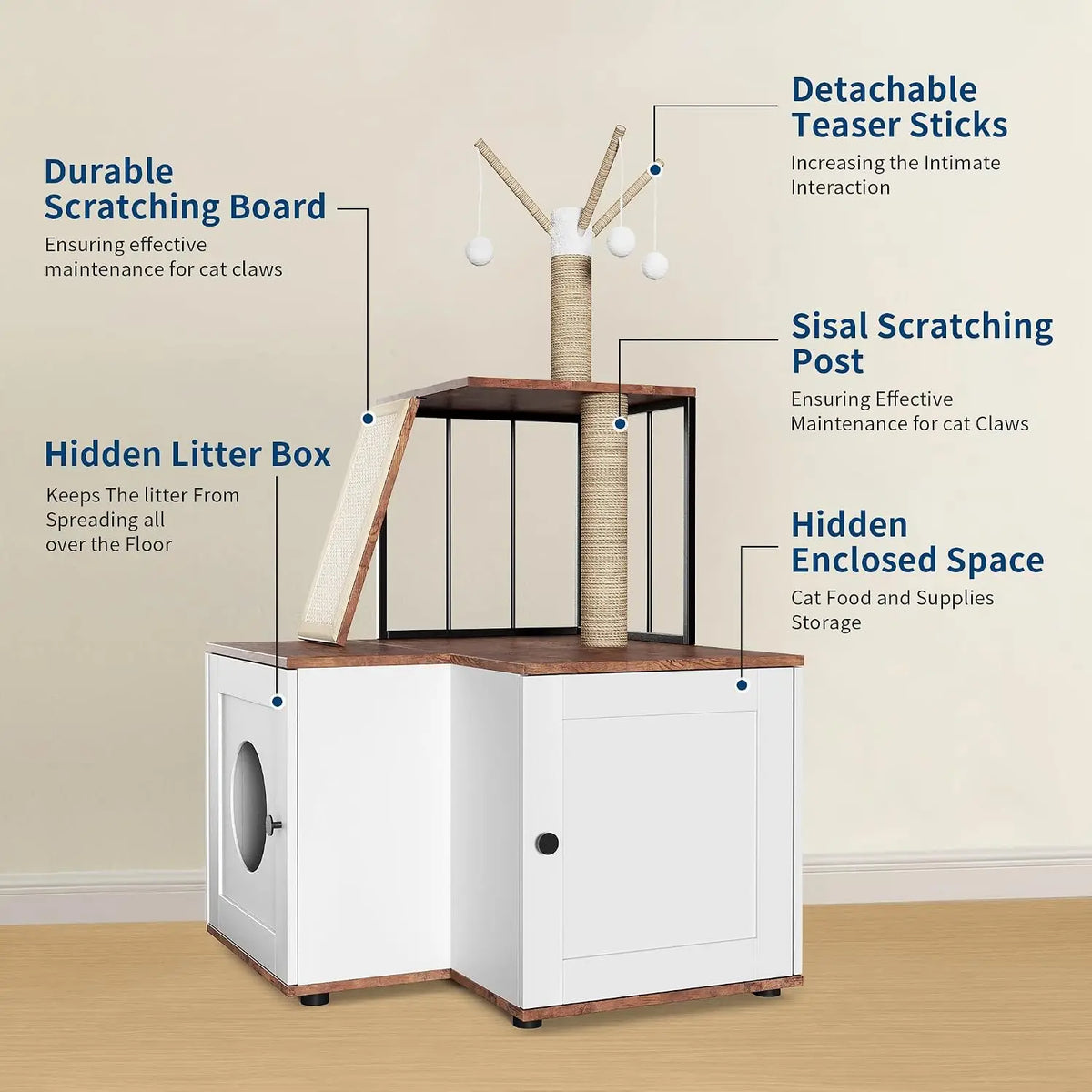 Garvee Wood Corner Cat Tree With Scratching Post And Cabinet