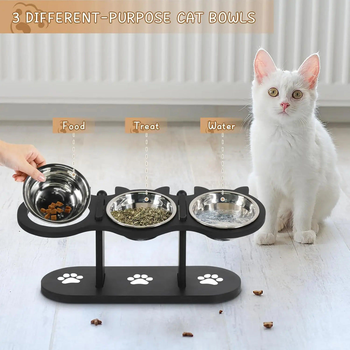 Elevated Cat Bowls with Adjustable Wooden Stand and Tilted Dishes