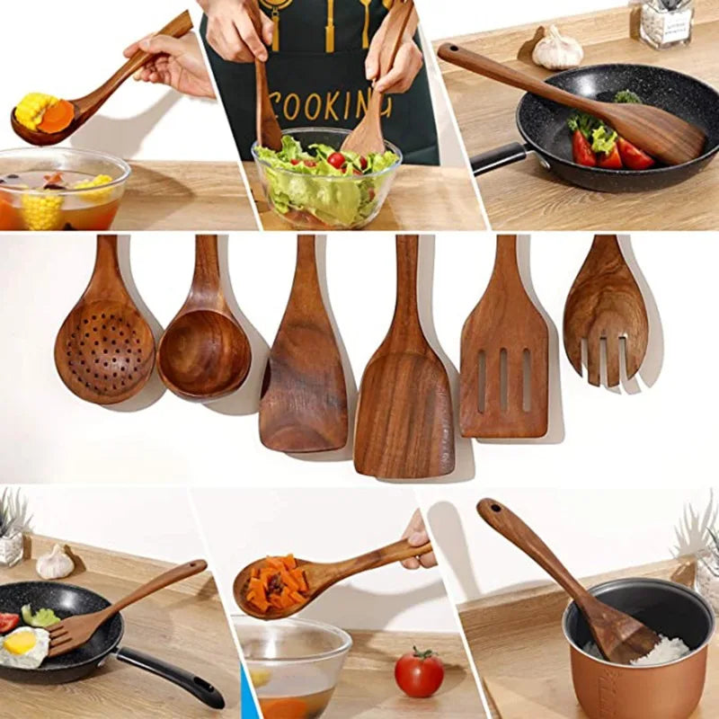 Wooden Kitchen Utensil Set With Teak Wood Spoons for Cooking
