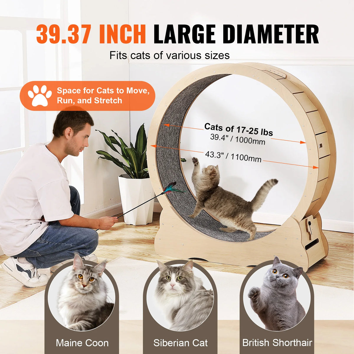SucceBuy Wooden Cat Exercise Wheel with Detachable Carpet and Teaser