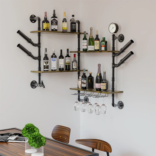 Industrial Pipe Wall Shelf With Wine Glass Holder For Home