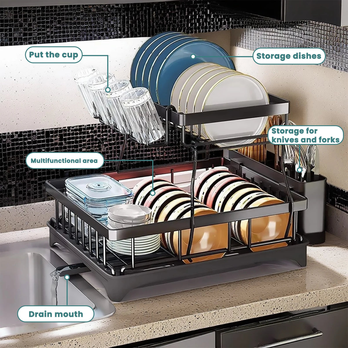 Two Tier Metal Dish Drying Rack With Removable Drainboard